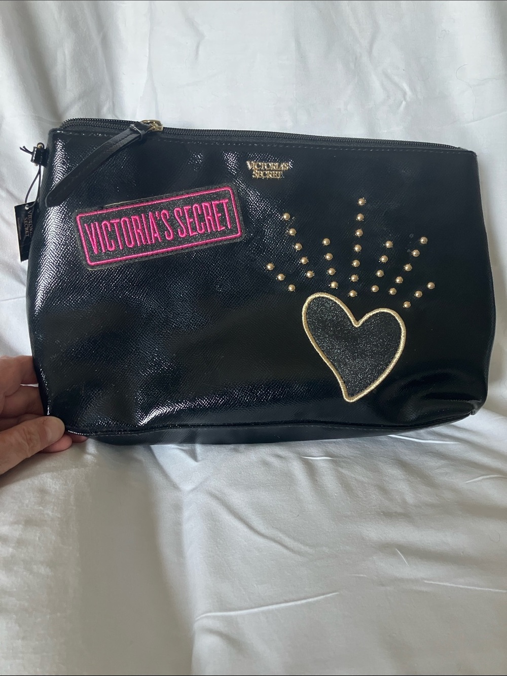 Victoria's Secret Black Cosmetic Pouch with Pink Logo and Gold Heart Studs